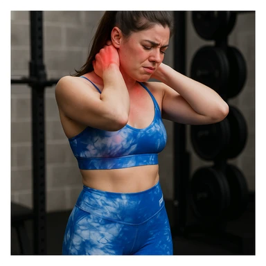 A slender woman in 4K, in a gym, stopping the workout to massage shoulders and base of the skull, occipital area reddened, expression of discomfort, inspired by the reference photo. sticker