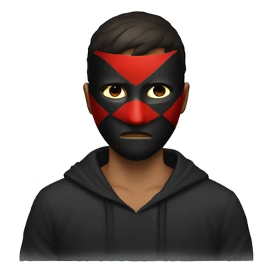  serious-looking guy wearing a red and black hacker mask, with his short hair visible above the mask. His expression is intense, and the mask adds a mysterious and intimidating vibe. sticker