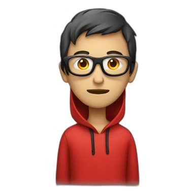 coder looking hacker with red hoodie, eye glass, apple laptop in front sticker