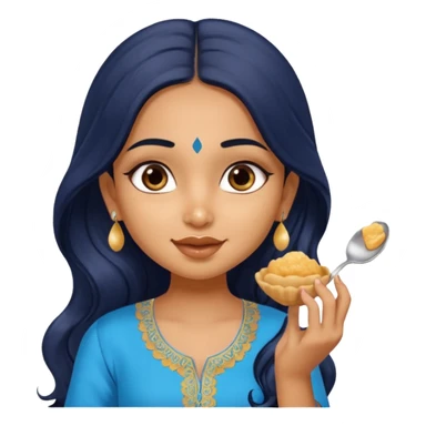 a pretty tan indian bratz girl. eyeliner on, wearing a blue kurti, eating golgappa. NO SPOON. wavy long BLACK coloured hair sticker