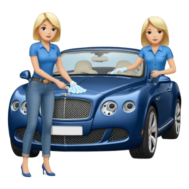 A heavy set middle aged blond lady in blue jeans washing a black Bentley car. show the full car and the lady next to it. show the face smaller and the person standing beside it...use the  sticker