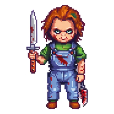 Chucky doll holding a bloody knife, horror style sticker