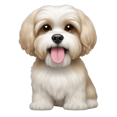 White shih tzu and poodle mix with very light brown ears and a pink nose sticker