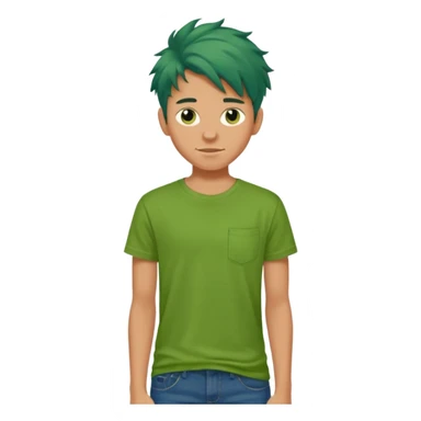 A 14 yerar old teenage boy, slightly tanned, wearing a green tshirt (no shirt pocket), blue jeans and green sneakers with brown tousled hair, smirking sticker