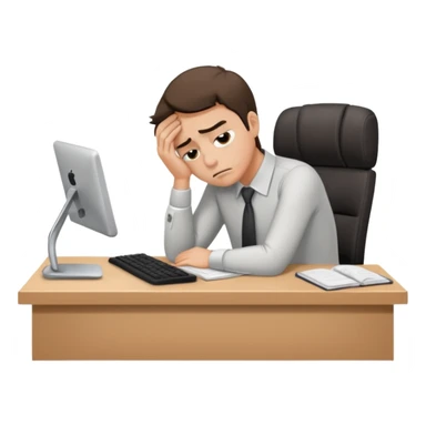 Professional person experiencing burnout, exhausted and overwhelmed, tired eyes, slumped posture, sitting at a desk, iOS emoji style sticker