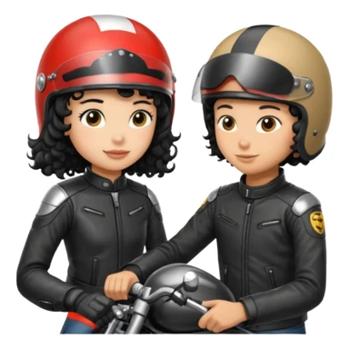 A man motorcyclist and a shorter girl with curly black hair, facing each other. sticker