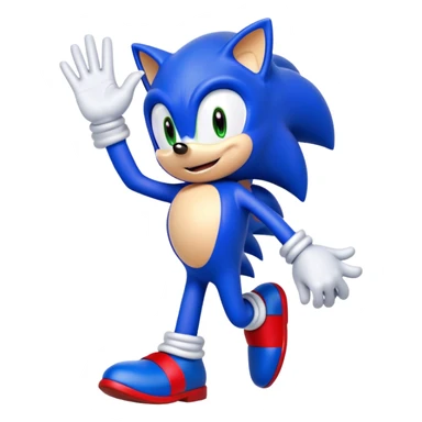 "A high-quality digital illustration of Sonic the Hedgehog in his Sonic the Hedgehog 3 design. He is smiling cheerfully and waving with one hand, giving a friendly 'hi' gesture. The character is depicted in a dynamic pose with vibrant blue fur, red shoes, and signature white gloves. The background is completely transparent, making the character standalone. The art style closely resembles official Sonic the Hedgehog 3 promotional artwork, with smooth shading, bright colors, and crisp outlines." sticker