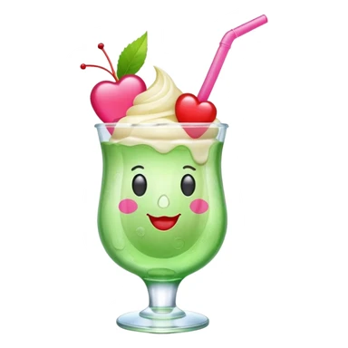 clear emoji-style of a green soda float with ice, vanilla ice cream scoop, two red cherries, pink heart-shaped straw, simple shapes, bright colors, glossy, kawaii style, centered, transparent background
 sticker