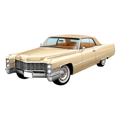 Elegant beige 1966 Cadillac DeVille with sharp details, consistent 30-degree perspective showing front and side, vintage luxury car styling, from Tarantino's Once Upon a Hollywood, iOS emoji style sticker