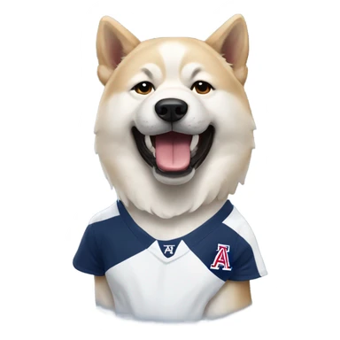 White Akita inu wearing a university of Arizona t shirt sticker