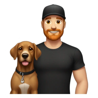A handsome man in a black T-shirt and a black cap and with a red beard with a black Labrador dog sticker