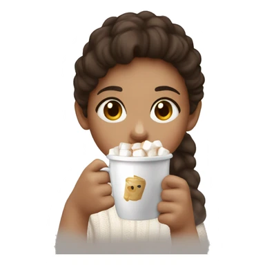 A New Year's cup with coffee and marshmallows in the hand of a light-skinned girl with dark brown hair in a white fluffy sweater sticker