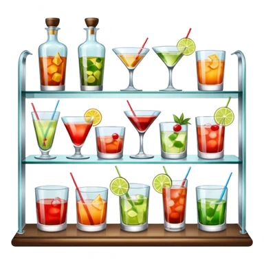 A glass shelf filled with cocktail bottles and fancy drinking glasses.
 sticker