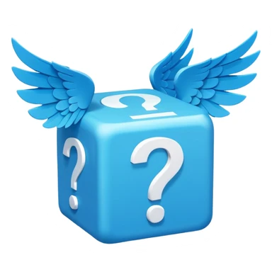 Blue cube with blue wings and has a white question mark sticker