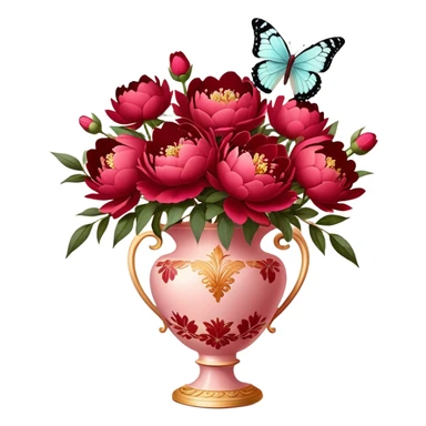 Delicate butterfly with Ruby and Wine Red wings perched on a Fiery Red bouquet of Peonies in an elegant Pastel Rose vase, bathed in warm, soft lighting. sticker