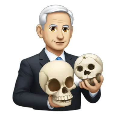 Benjamin Netanyahu holding a skull sticker
