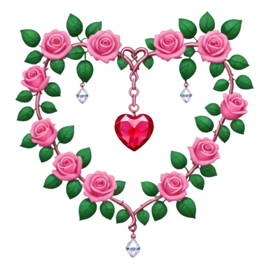 heart shape metal vine with pink-red roses border with crystals hanging  sticker