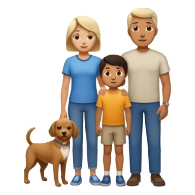 1 Father 1 Mother and 1 young boy who is half as tall as the parents, standing in front of their house with a dog next to them. Everyone should look VERY happy sticker