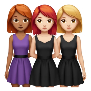 Can you create an image of 3 friends together one with red bright hair light skin one the other with brown hair with some blonde highlights in the hair fair skin the last one with light brown a tint of orange hair and black long hair with brown with dresses sticker