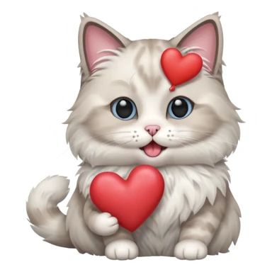 Full body ragdoll Cat holding a heart and mouth open, blush on cheeks sticker
