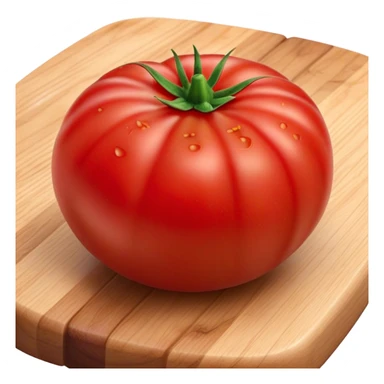 Cinematic juicy ripe tomatoe, deep red, slightly dewy, arranged on a wooden cutting board, soft glowing background, rich and flavorful. sticker