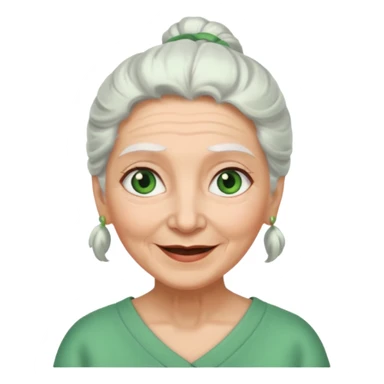 abuela con ojos verdes, pelo blanco, pelo blanco y amarrado, aspecto feliz sticker