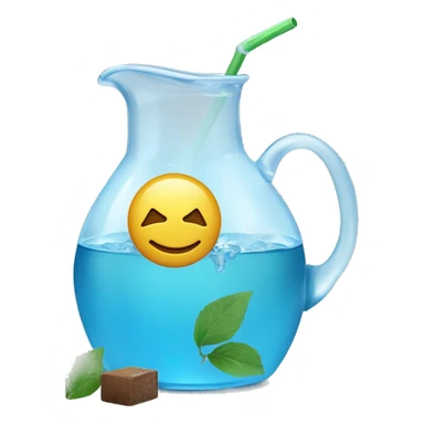 transparent jug of water filled halfway with blue water and three ice cubes floating. beside the jug an additional brown guampa filled with green yerba and a silver straw sticking out. plain background and emoji styled  sticker
