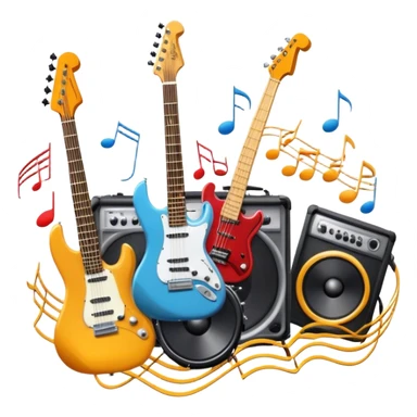 Icon for R&B Music Listening: large concert speakers and headphones with waves of musical notes coming out, along with an electric guitar, bass guitar, drum kit, and synthesizer, saxophone. The icon should convey the energetic and rhythmic vibe of R&B music. Transparent background. sticker