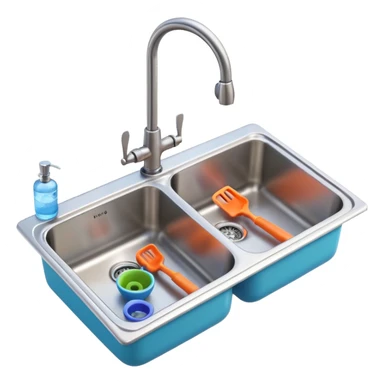 3D Pixar-style kitchen sink with a faucet and water running, some plumbing tools nearby, bright clean look, realistic but colorful, isolated on white

 sticker