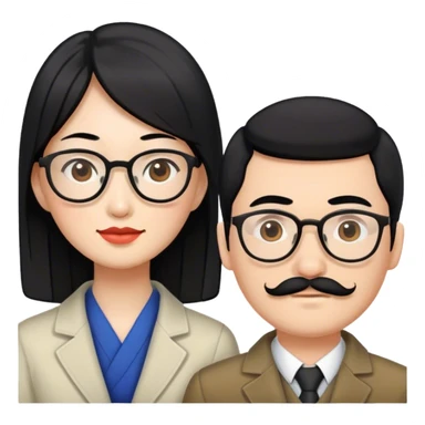 An Asian woman with black hair and a Russian guy with brown hair and mustache with glasses in Japan sticker