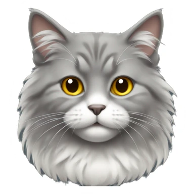 gray very fluffy cat with a white chest and nose sticker
