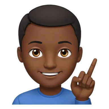 Male smiling with a big round head, dark skin, eyes looking to the side, pointer finger touching the outside corner of the eye sticker