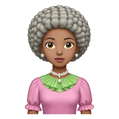 Brown woman with very short stylish gray Afro  wearing pink and green dress  and pearl blouse with sleeves sticker