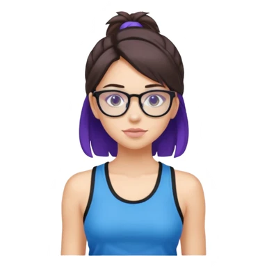Girl with brunette and purple highlights wearing black tank top and blue sweatpants with clear glasses sticker