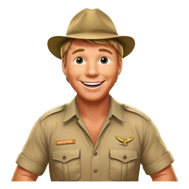 Cinematic Realistic Steve Irwin Portrait Emoji, depicted as a passionate wildlife expert in his signature khaki attire with an enthusiastic smile and a backdrop of the Australian outback, rendered with vibrant textures and dynamic natural lighting that captures his adventurous spirit. sticker