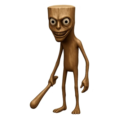 Make the stump character skinnier and taller, and make the face more creepy like the original image. Keep the transparent background and maintain a high-fidelity style. sticker