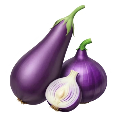 Eggplant beside onion and garlic sticker