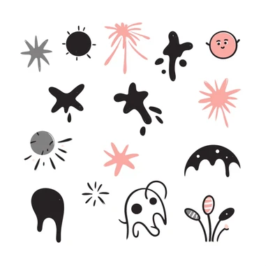 Colorful paint splatters, drips, and splashes in various shapes. Using specific pastel colors (dd9fb0, ffc6d3, a3bfc9, c4bee2, f1b091). Hand-drawn doodle style with playful, artistic splatter patterns. Transparent background. sticker