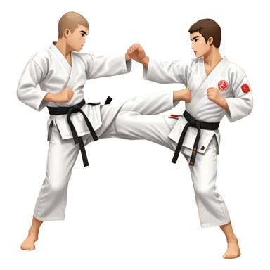 Two karate fighters in traditional gi sparring. One executes a high kick aimed at the opponent’s head, while the other blocks with a strong hand defense. The background features a classic dojo with wooden flooring and banners. Dynamic motion and focused expressions. Transparent background. sticker