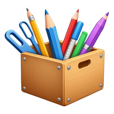 small box of teaching supplies with a pencil, ruler, and markers sticking out sticker