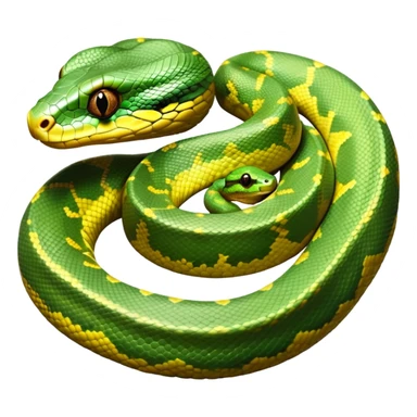 cinematic-green tree python-realistic-full-body-coiled-emoji,-thick-scaled-body-looped-tightly,-intricate-brown-and-gold-patterned-scales-reflecting-light,-head-tilted-dramatically,-slitted-eyes-staring-calmly,-simplified-yet-realistic-focused-feature sticker