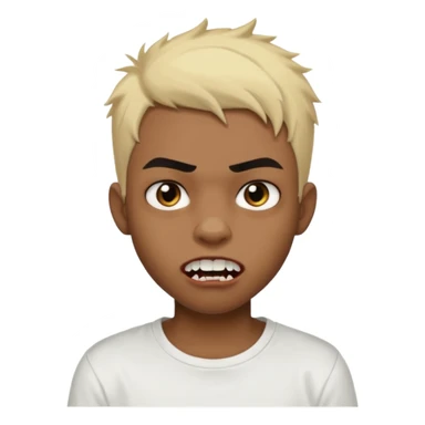 Black Male Teenager with Short punk messy blonde hair, Dark brown bushy eyebrows large expressive golden-brown eyes, wearing a plain white t-shirt, Dark Brown skin color. vampire tooth sticker