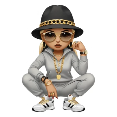 female cat wearing Run DMC hip-hop outfit with tracksuit, fedora, Adidas sneakers, dark sunglasses, many gold chains, rings, bracelets, flashy earrings, fallen down with worried expression sticker