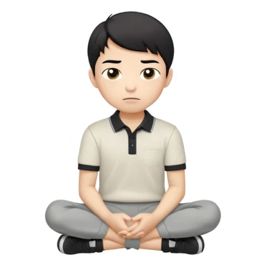 A cartoon young Asian boy with short black hair, light beige skin, and large expressive eyes, wearing a white polo shirt, gray pants, and black shoes. He sits cross-legged on the ground, one fist resting on his cheek, with a closed-mouth smirk. Clean lines, flat colors, solid black background. sticker