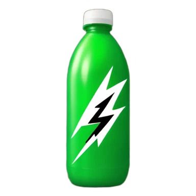 A green plastic bottle with a black label on top, on the black label a yellow and black mullioned lightning bolt collides and turns white  sticker