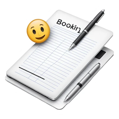 online booking system on MacBook screen beside a classic paper notebook and pen sticker