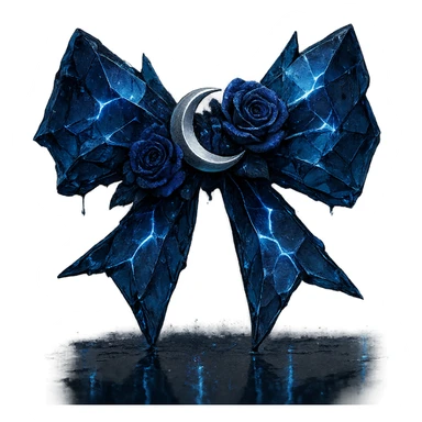 gothic bow formed from splintered deep blue glass, embellished with a silver crescent moon, midnight blue roses, sparkling holographic stardust, neon lightning, wet reflective surface sticker