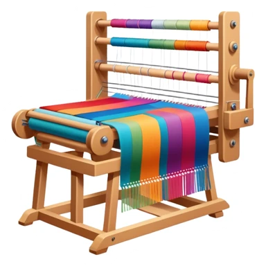 Weaving icon, loom with colorful fabric being woven, visible shuttle, spools of yarn, fabric swatches, sewing patterns, and finished clothing items, minimalistic style, clean lines, transparent background. sticker