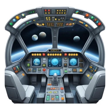first person view inside spaceship cockpit with control panel and space visible through windshield sticker