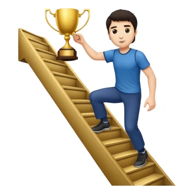 A man with fair skin and dark hair is climbing stairs to grab a trophy sticker
